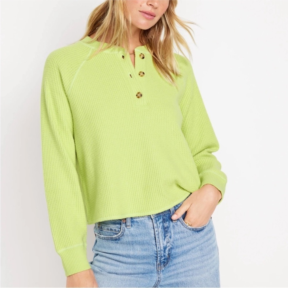 NWT OLD NAVY Plush Waffle-Knit Henley Top Color: Citrine- Yellowlime Sz L